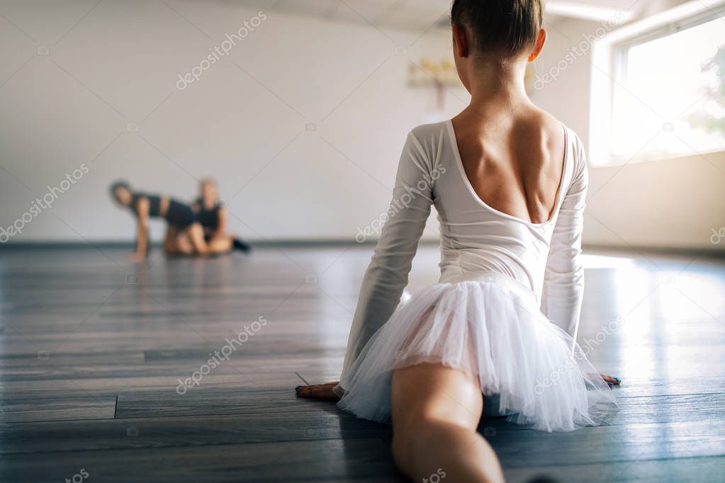 Young ballerina in tutu practicing dance moves. Young girl in ballet dress at dance school.