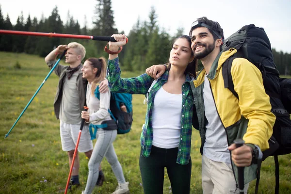 Hard Difficult Tiring Exhausting Expedition Four Friends Mountain — Stock Photo, Image