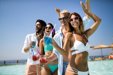 Yaz partisi. Kumsalda bir grup arkadaş kuyruk sallayıp eğleniyorlar.