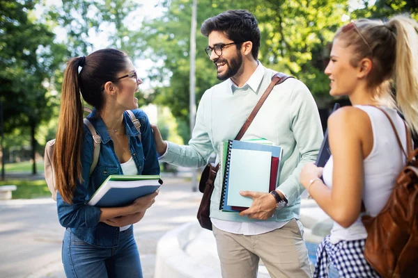 Feliz Grupo Amigos Que Estudian Juntos Campus Universitario — Foto de Stock