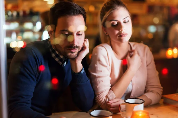 Sad Couple Having Conflict Relationship Problems Sitting Bar — Stock Photo, Image