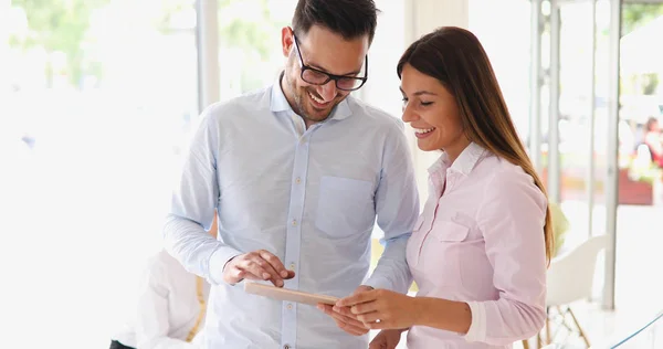 Happy Business Colleagues Modern Office Using Tablet — Stock Photo, Image