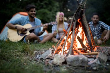 Mutlu arkadaşlar müzik çalıyor ve doğada şenlik ateşinin keyfini çıkarıyorlar.