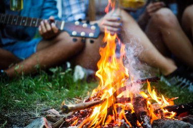 Mutlu arkadaşlar müzik çalıyor ve doğada şenlik ateşinin keyfini çıkarıyorlar.