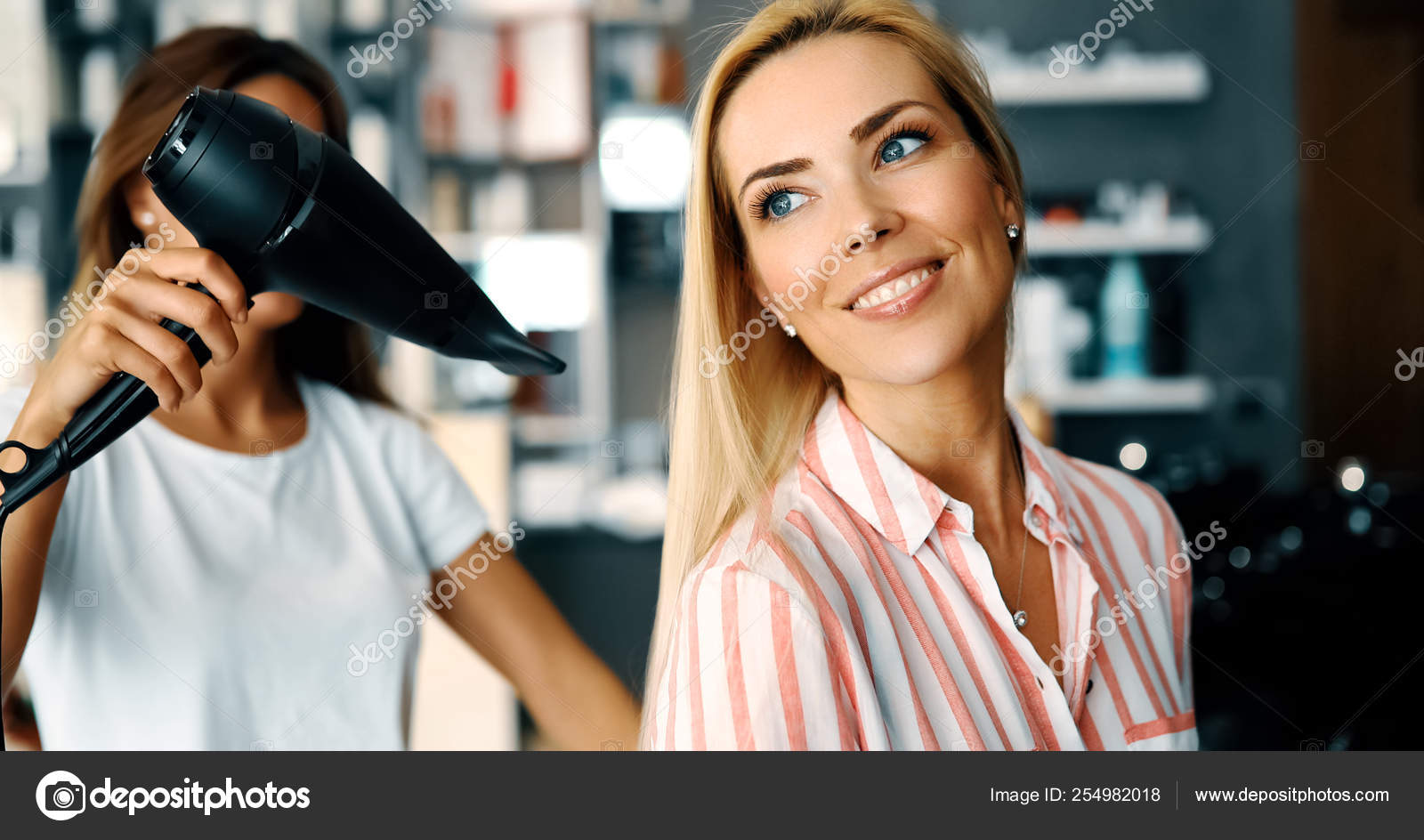 Happy Young Woman Hairdresser Fan Making Hot Styling Hair Salon