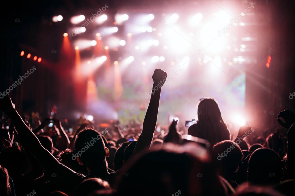 Cheering happy crowd at concert enjoying music performance