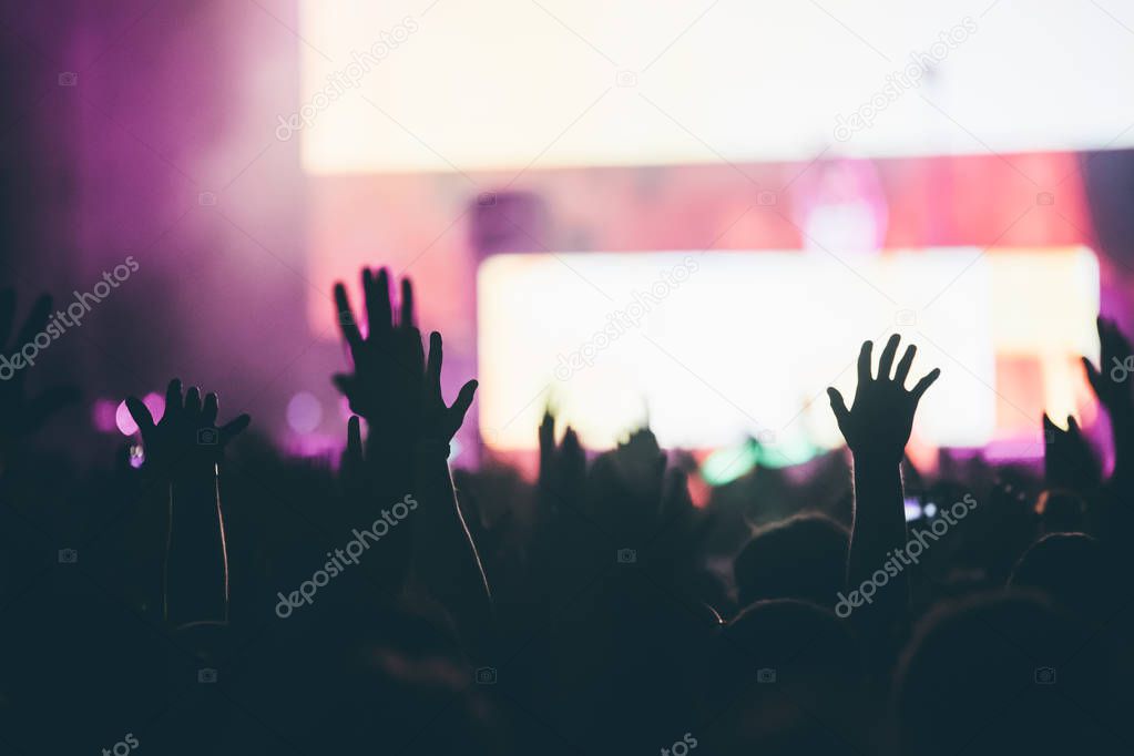 Cheering happy crowd at concert enjoying music performance