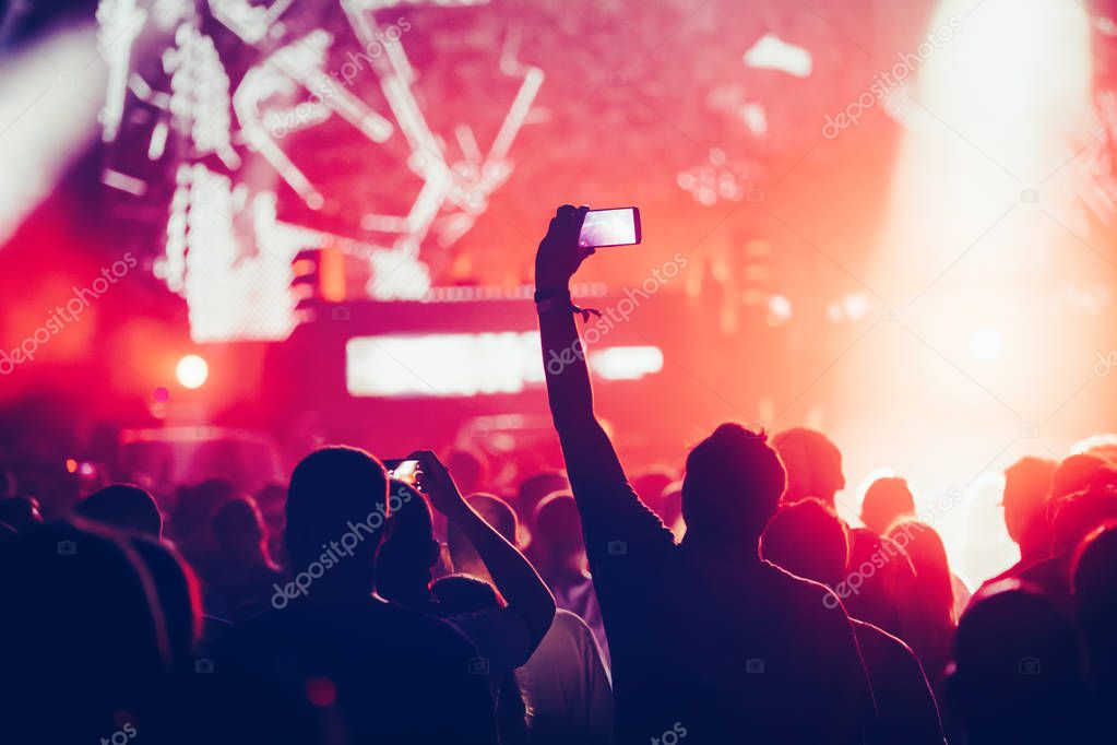 Cheering crowd with hands in air enjoying at music festival