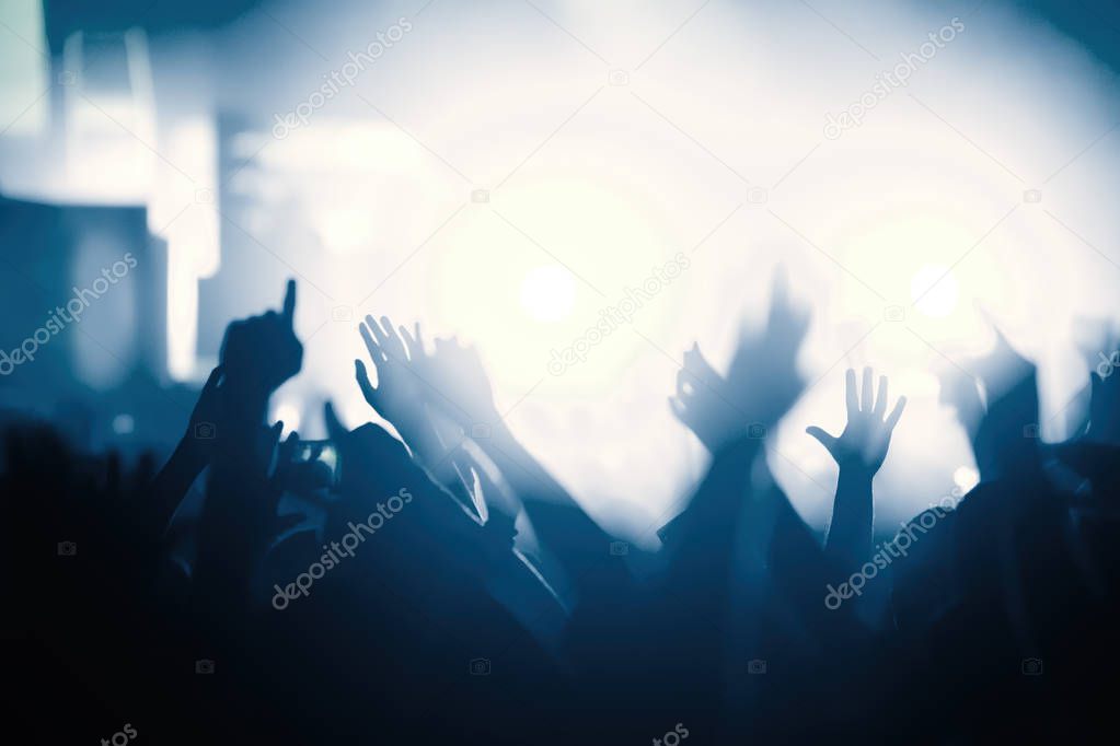 Cheering crowd with hands in air enjoying at music festival