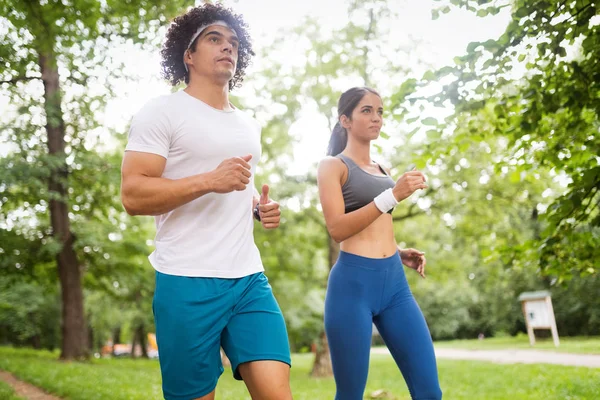 Couple Friends Jogging Running Outdoors Nature — Stock Photo, Image