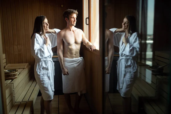 Beautiful People Bathrobes Using Sauna Spa Resort — Stock Photo, Image