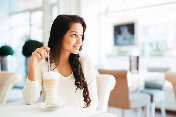 Glamorous Lady Drinking Coffee Beautiful Cafe — Stock Photo, Image