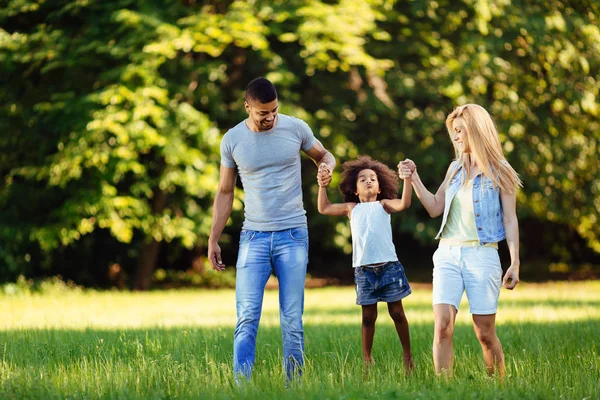 Happy Young Couple Spending Time Daughter Nature — Stock Photo, Image