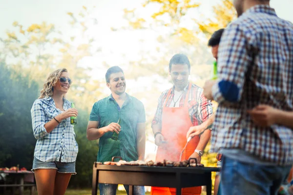 Jovens Tendo Bbq Festa Natureza — Fotografia de Stock