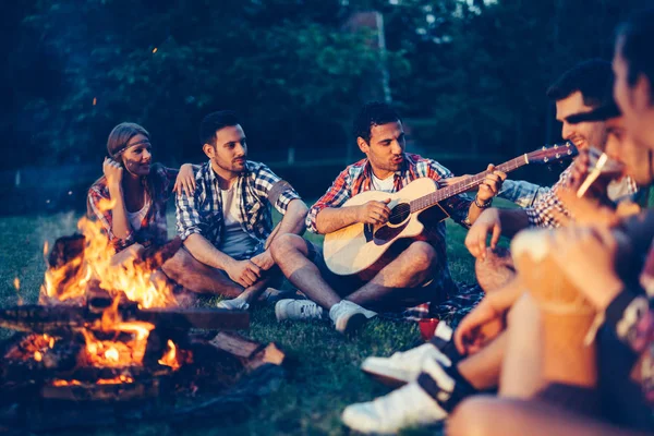 Φίλους Απολαμβάνοντας Μουσική Κοντά Campfire Βράδυ — Φωτογραφία Αρχείου