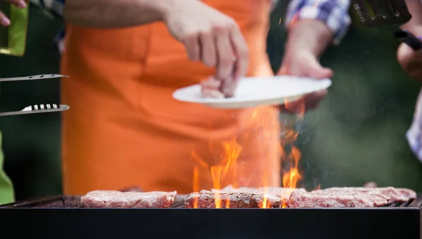 Group Friends Making Barbecue Together Outdoors Nature — Stock Photo, Image