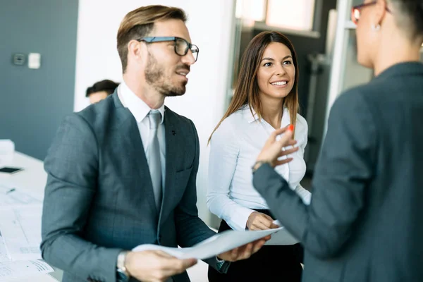 Picture Attractive Business Colleagues Talking Office — Stock Photo, Image