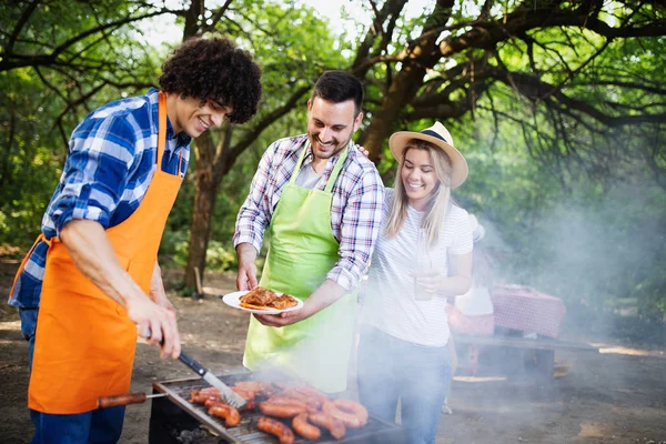 Jovem Casal Feminino Masculino Assar Churrasco Natureza Com Amigos — Fotografia de Stock