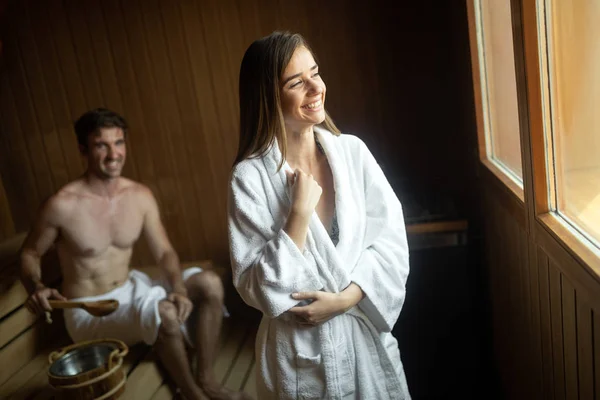 Pessoas Bonitas Roupões Banho Usando Sauna Spa Resort — Fotografia de Stock