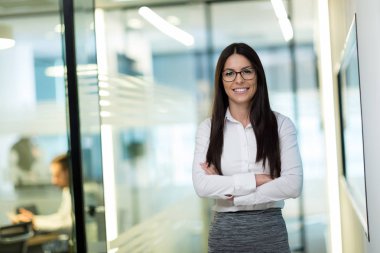 Modern ofiste başarılı bir iş kadınının portresi.