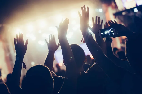 Cheering crowd with hands in air enjoying at music festival