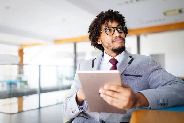 Portrait Young Businessman Office Using Tablet — Stock Photo, Image