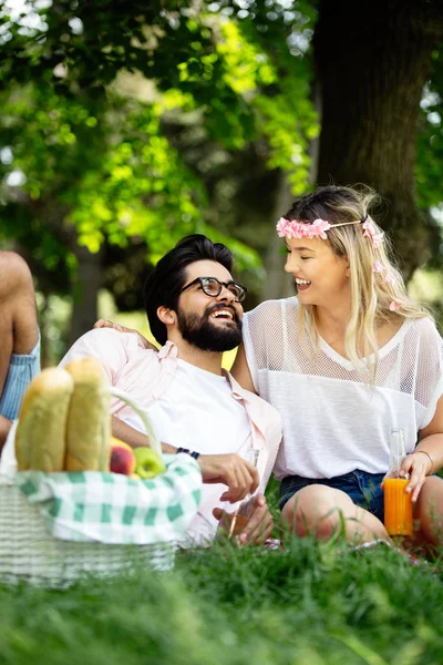 Mutlu genç çift parkta açık piknik zevk