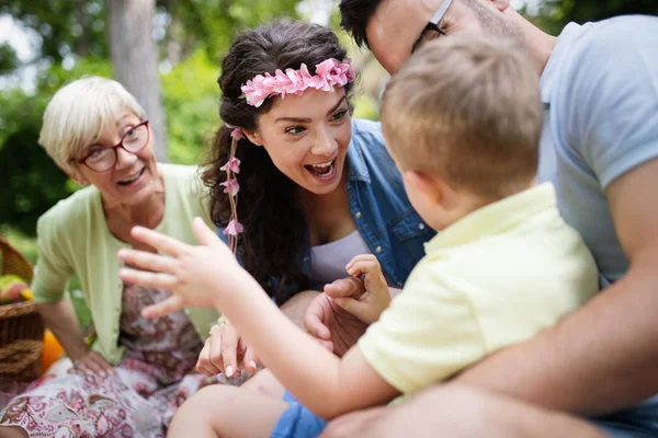 Família Feliz Multi Geração Desfrutando Piquenique Parque — Fotografia de Stock