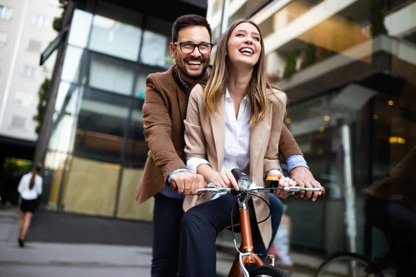 Happy Funny Young Couple Riding Bicycle Love Relationship Romance Concept — Stock Photo, Image