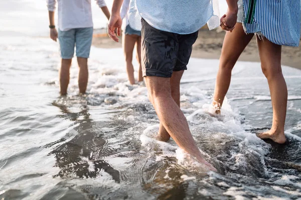 Bir grup arkadaş plajda koşuyor ve yaz tatilinin tadını çıkarıyorlar.