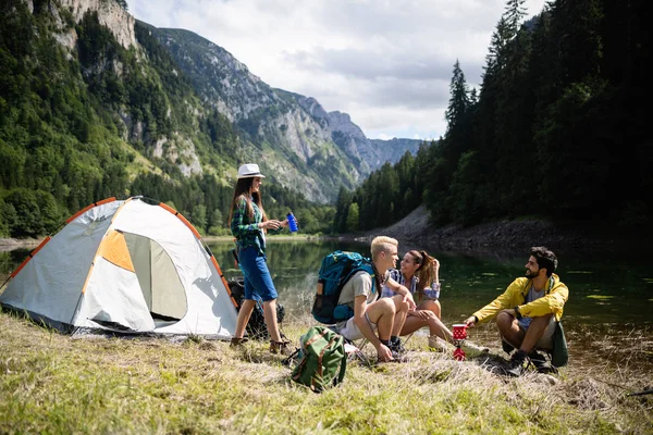 Trekking, camping and wild life concept. Best friends are hiking in nature