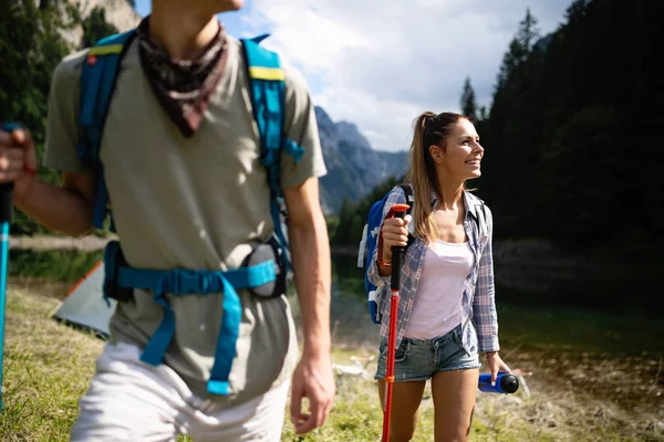Group Young Friends Hiking Countryside Multiracial Happy People Traveling Nature — Stock Photo, Image