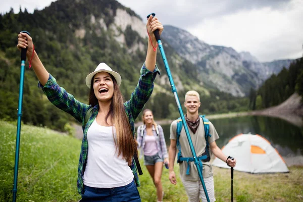 Adventure Travel Tourism Hike People Concept Smiling Friends Walking Backpacks — Stock Photo, Image