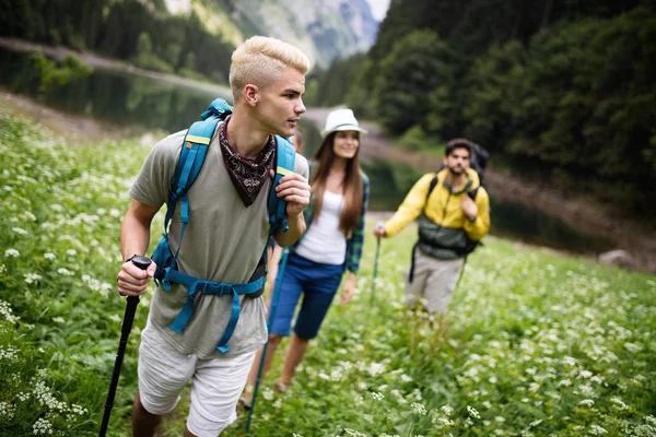Adventure Travel Tourism Hike People Concept Smiling Friends Walking Backpacks — Stock Photo, Image