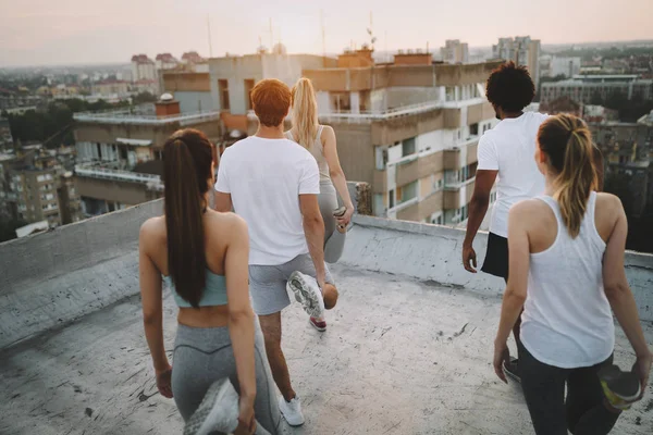 Grupo Amigos Sanos Forma Personas Haciendo Ejercicio Juntos Aire Libre — Foto de Stock