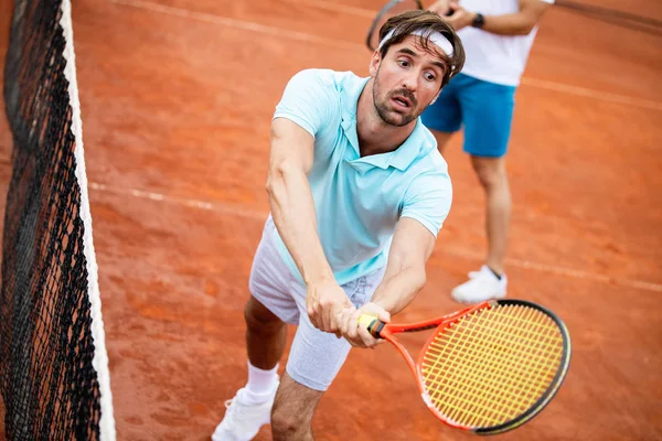 Happy Passar Personer Som Spelar Tennis Tillsammans Sport Konceptet — Stockfoto