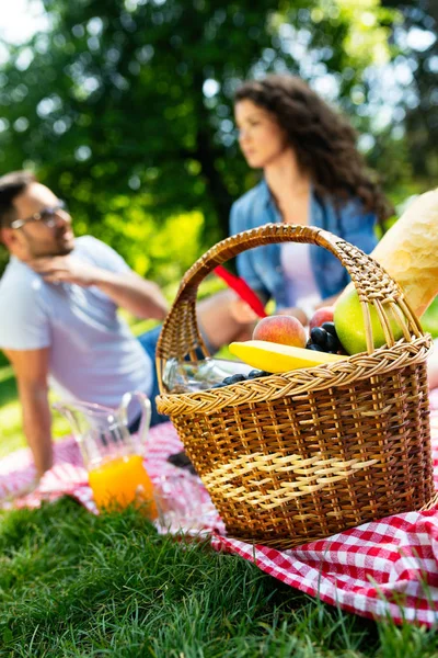 Feliz Jovem Casal Desfrutando Piquenique Parque Livre — Fotografia de Stock