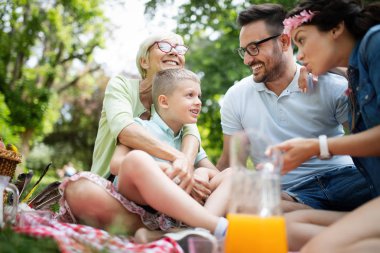 Mutlu çoklu nesil aile parkta piknik yapıyor.