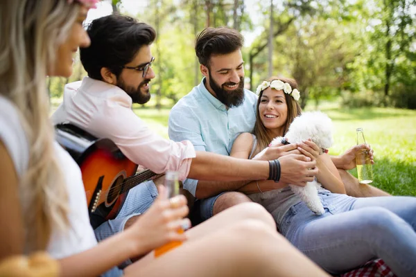 Boldog Fiatal Barátai Miután Piknik Parkban Emberek Szórakoztunk Mosolyogva Gitározni — Stock Fotó