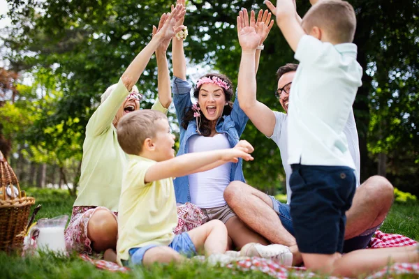 Šťastná Rodina Hrající Dětmi Venku Parku — Stock fotografie
