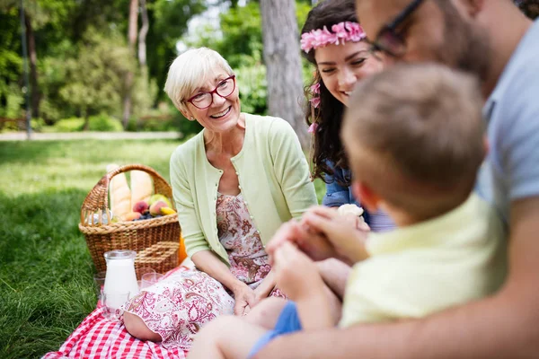 Engraçado Feliz Jovem Família Brincando Grama Parque Curtindo Piquenique — Fotografia de Stock