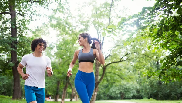 Happy Couple Running Jogging Together Nature — Stock Photo, Image