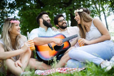 Mutlu genç arkadaşlar parkta piknik yapıyor. İnsanlar ,eğlenmek, gülümseyen, gitar kavramı çalmak