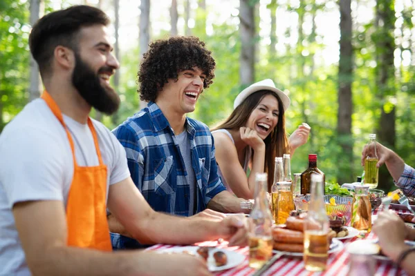 Friends having a barbecue party in nature while having a blast