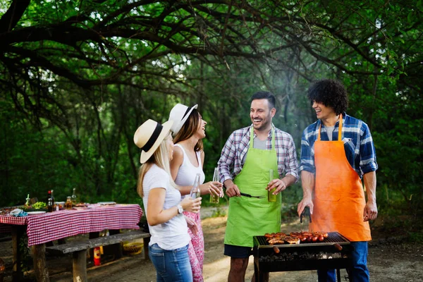 Amigos Teniendo Una Fiesta Barbacoa Naturaleza Mientras Divierten —  Fotos de Stock