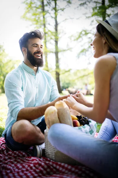 屋外の公園でピクニックを楽しむ幸せな若いカップル — ストック写真