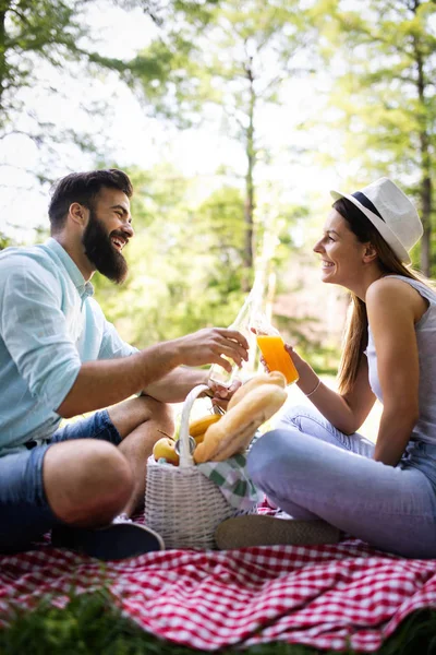 Feliz Pareja Joven Disfrutando Picnic Parque Aire Libre — Foto de Stock