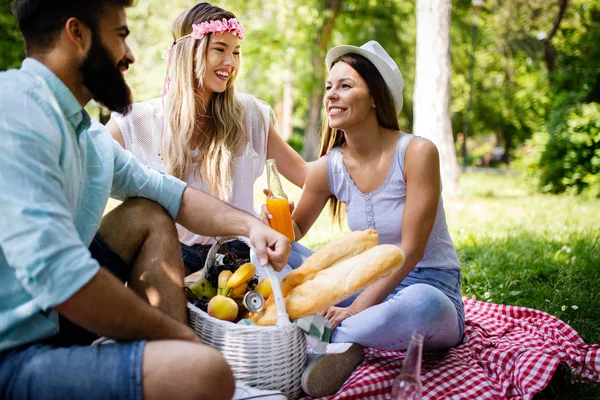 Jeunes Amis Heureux Dans Parc Pique Niquent Par Une Journée — Photo