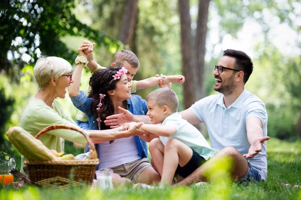 祖父母と一緒に自然の中でピクニックを楽しむ幸せな家族 — ストック写真