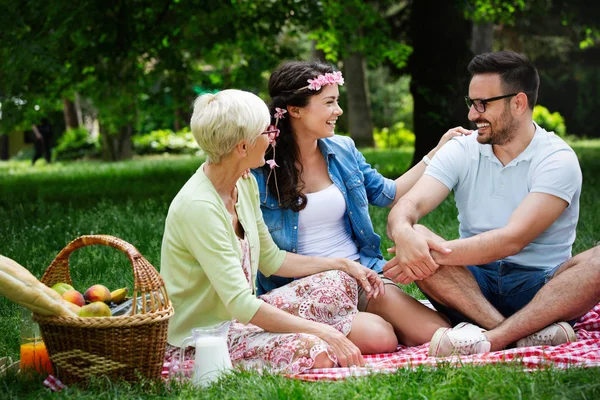 Família Feliz Fazendo Piquenique Parque Livre — Fotografia de Stock